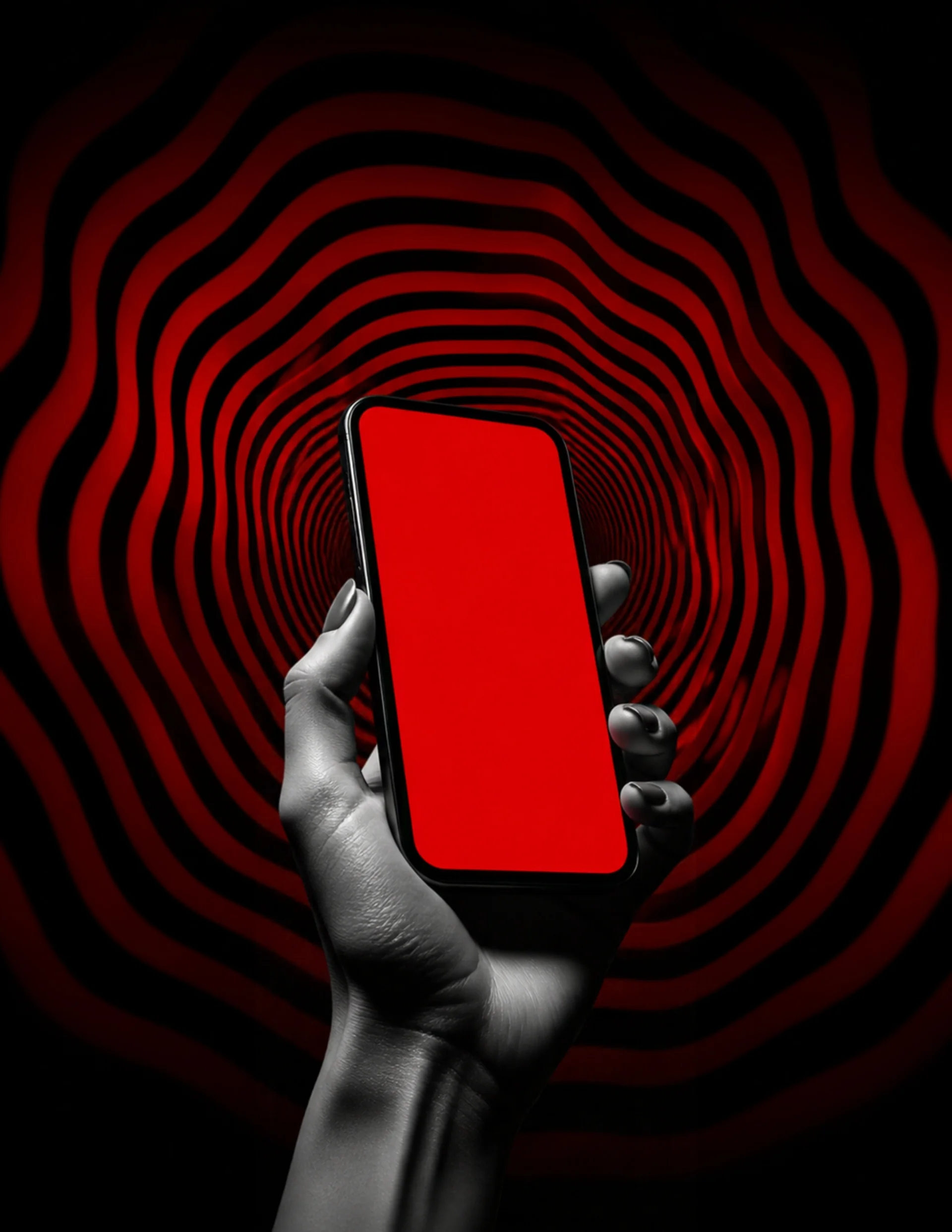 Kırmızı dalgalı halkaların önünde kırmızı ekranlı bir telefon tutan el