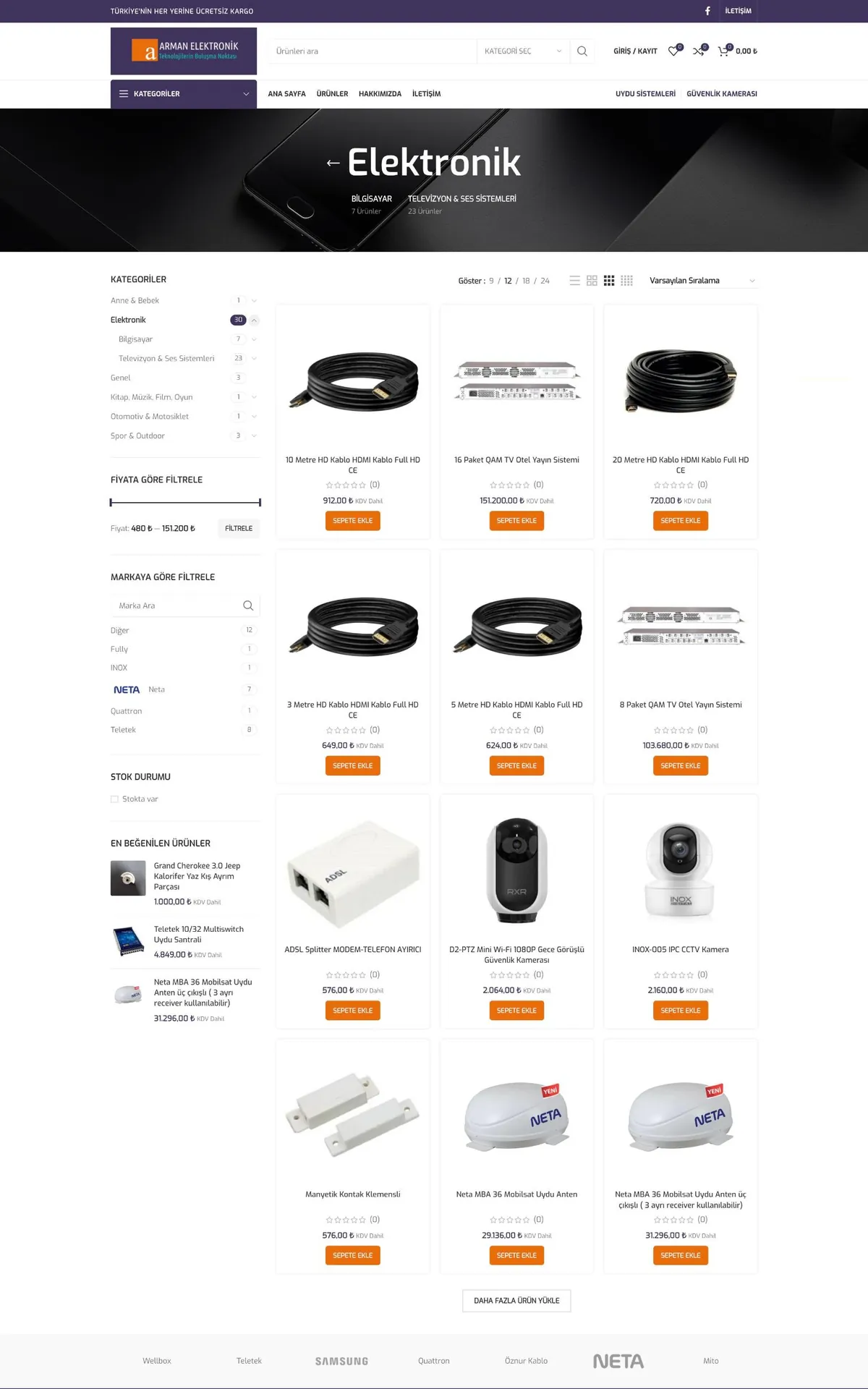 Arman Elektronik e-ticaret sitesi, ürün kategorisi sayfası