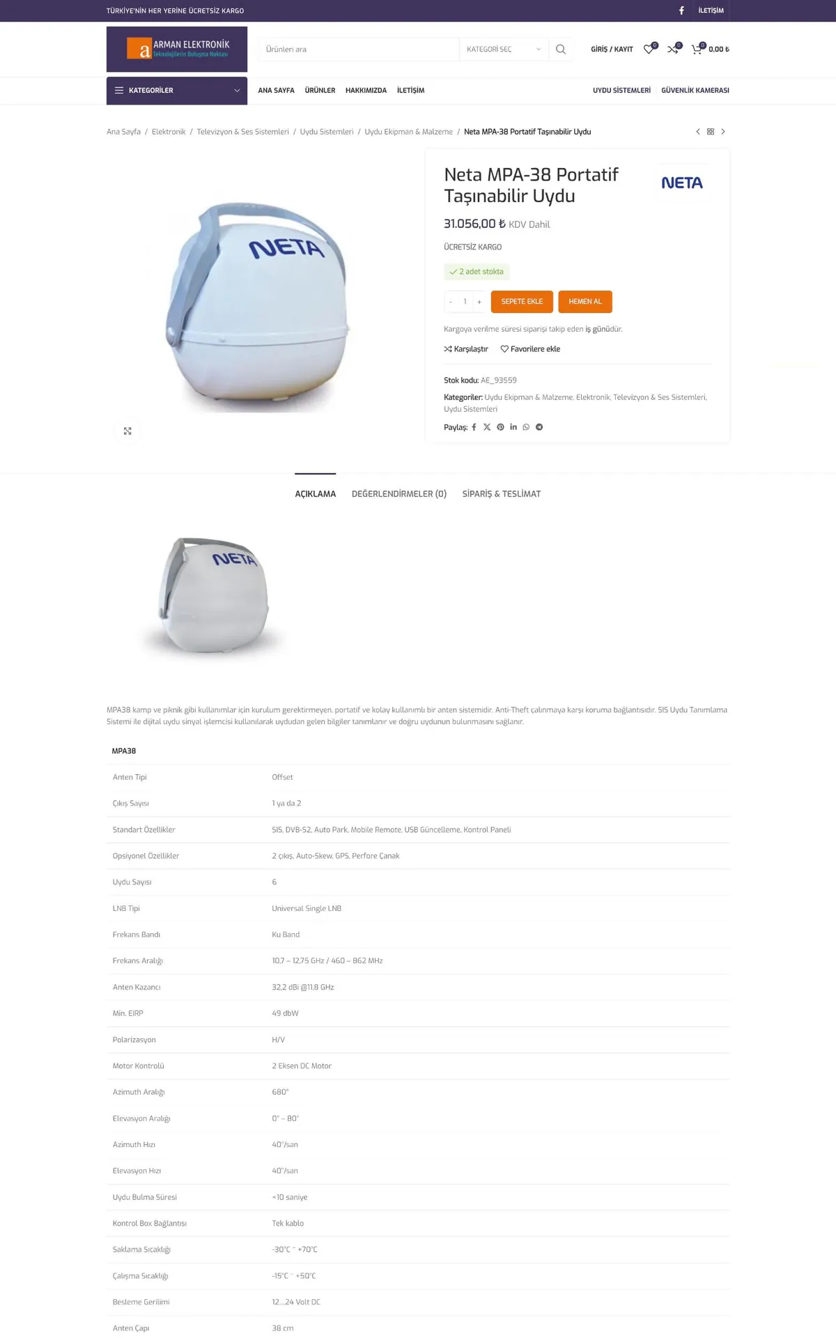 Arman Elektronik e-ticaret sitesi, ürün detay sayfası