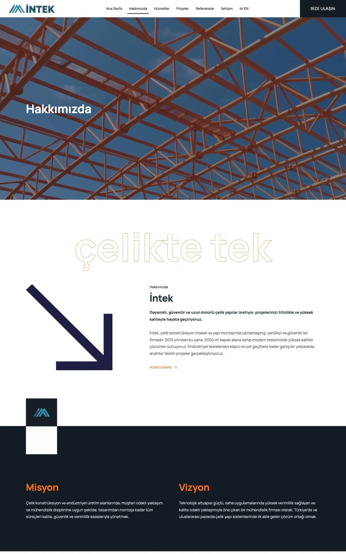 İntek çelik konstrüksiyon web sitesi, Hakkımızda sayfası